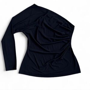 Neiman Marcus One-Shoulder Black Ruched Top | Size M